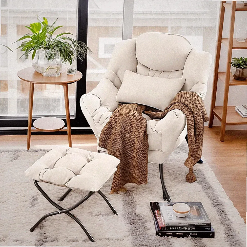 Beige Comfy Lazy Chair with Ottoman & Lumbar Pillow for Living Room or Bedroom