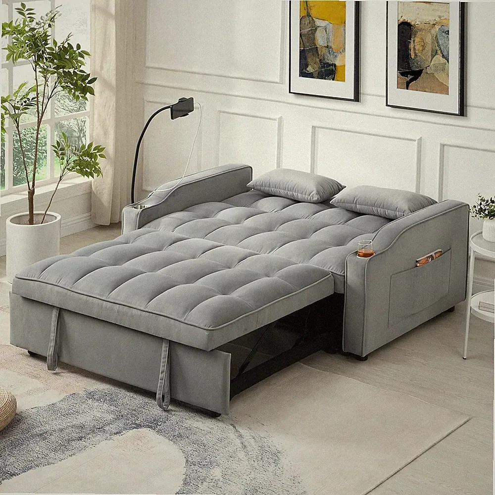 Convertible Velvet Sofa Bed with Reclining Backrest & Storage - Light Grey