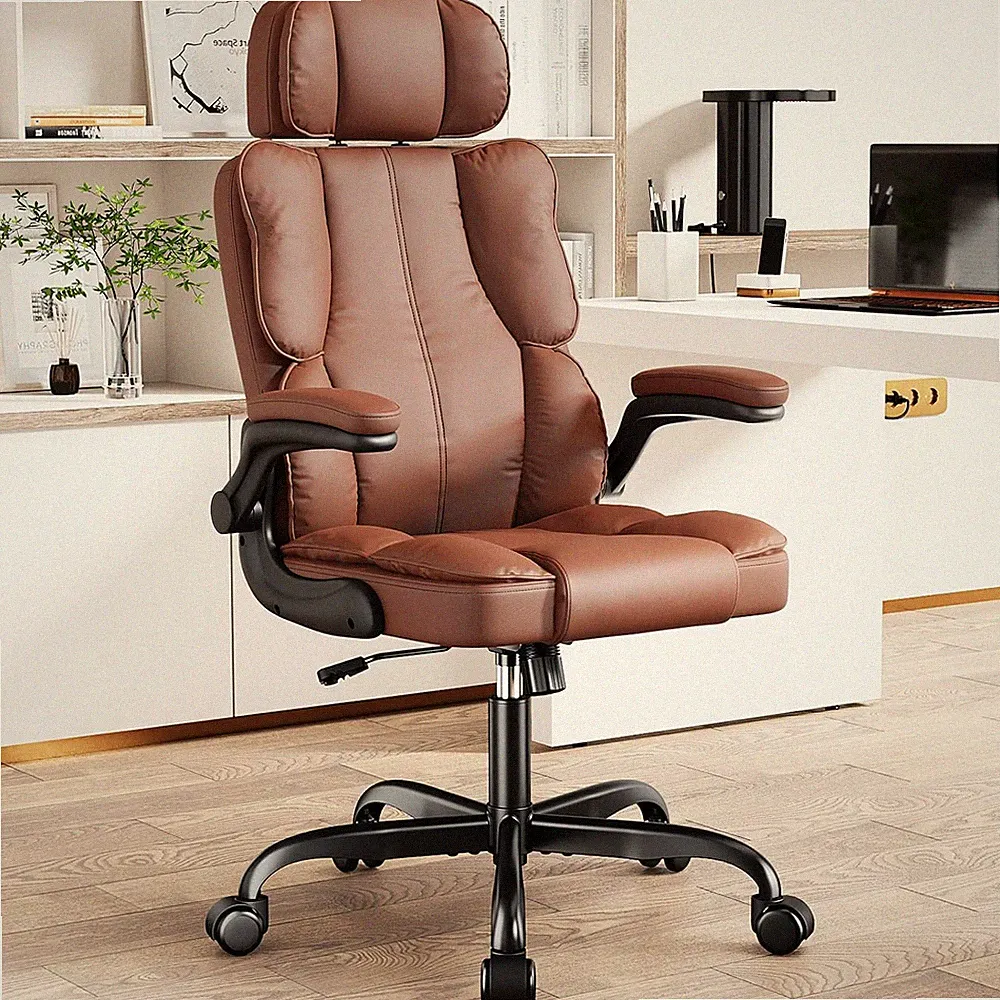 Ergonomic High Back Office Chair with Adjustable Headrest & Flip-Up Arms, Brown