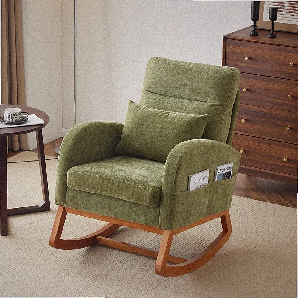 Olive Chenille Rocking Chair Nursery with Thick Headrest, Nursing Rocker Glider