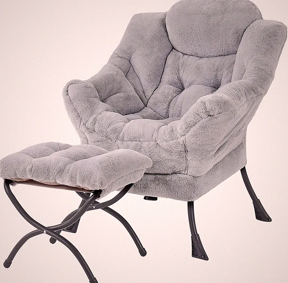 Plush Grey Lazy Chair with Ottoman, Modern Lounge Armchair for Small Spaces