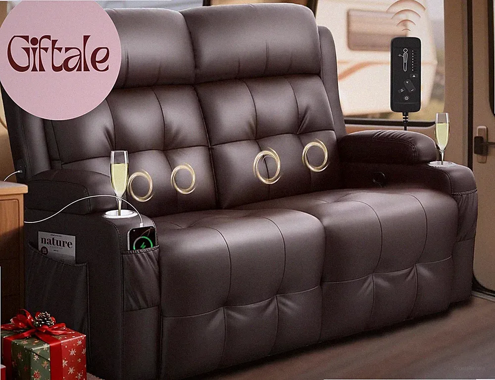 RV Loveseat Recliner Sofa, Wall Hugger Massage Reclining RV Couch with USB, Inse