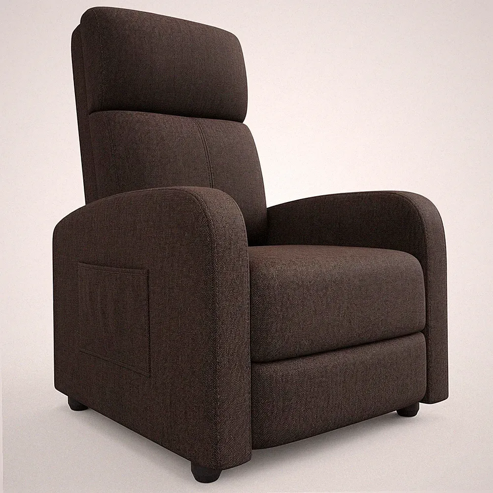 Upholstered Linen Push Back Recliner, High Back Reading Chair with Side Pocket